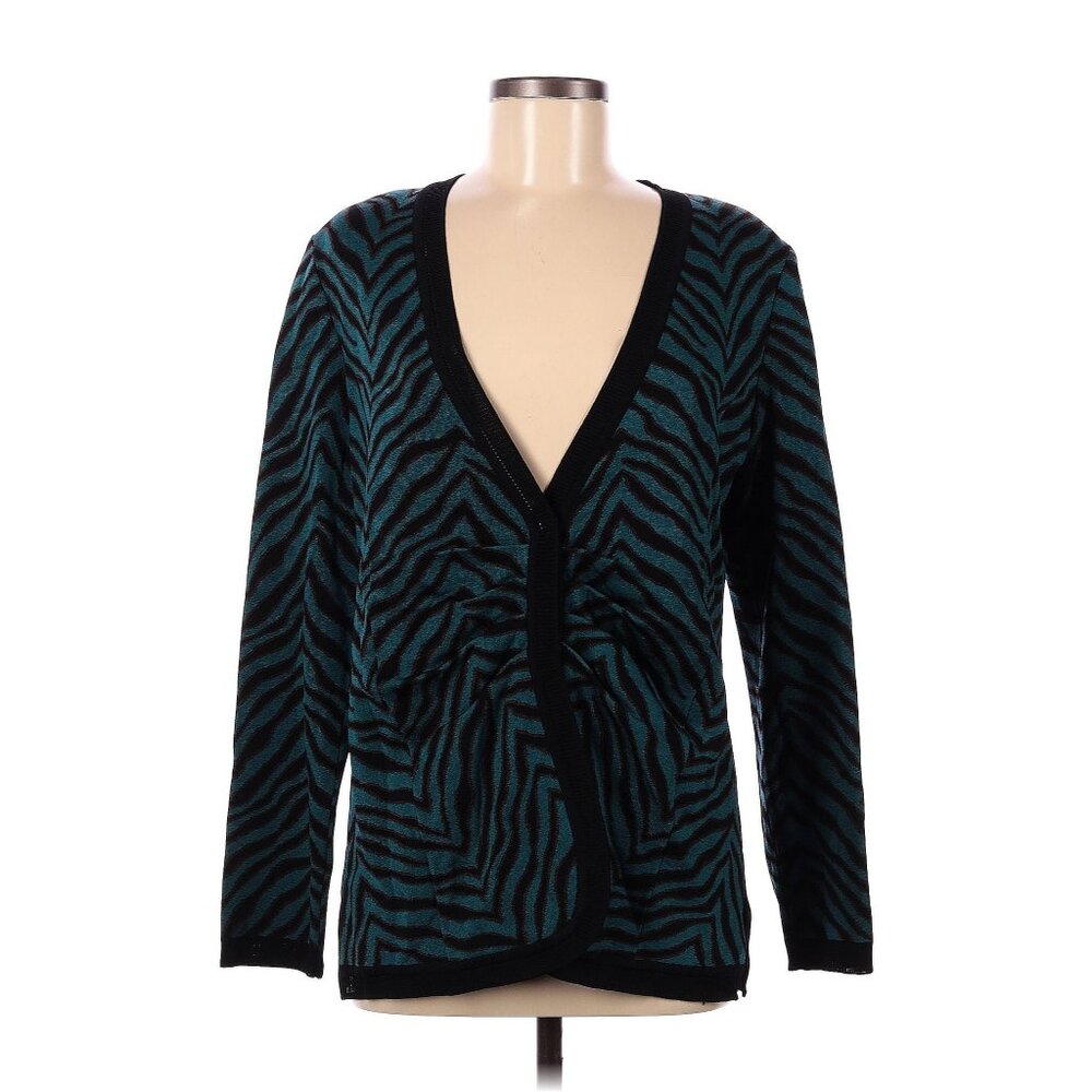 Exclusively Misook Brown Green Black Zebra Stripe Snap Front Cardigan Size M